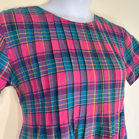 Vintage 90s Pleated Plaid Midi Dress Short Sleeves High Low Pink Blue - Picture 4 of 12